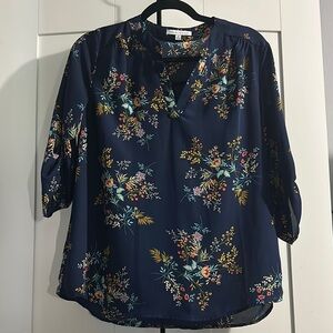 Cato Blue and Yellow 3/4 Sleeve Relaxed Blouse